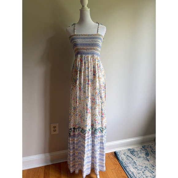 Maaji Dresses & Skirts - Maaji Floral Smocked Maxi Dress Tie Shoulder Boho Cottagecore Blue White Medium